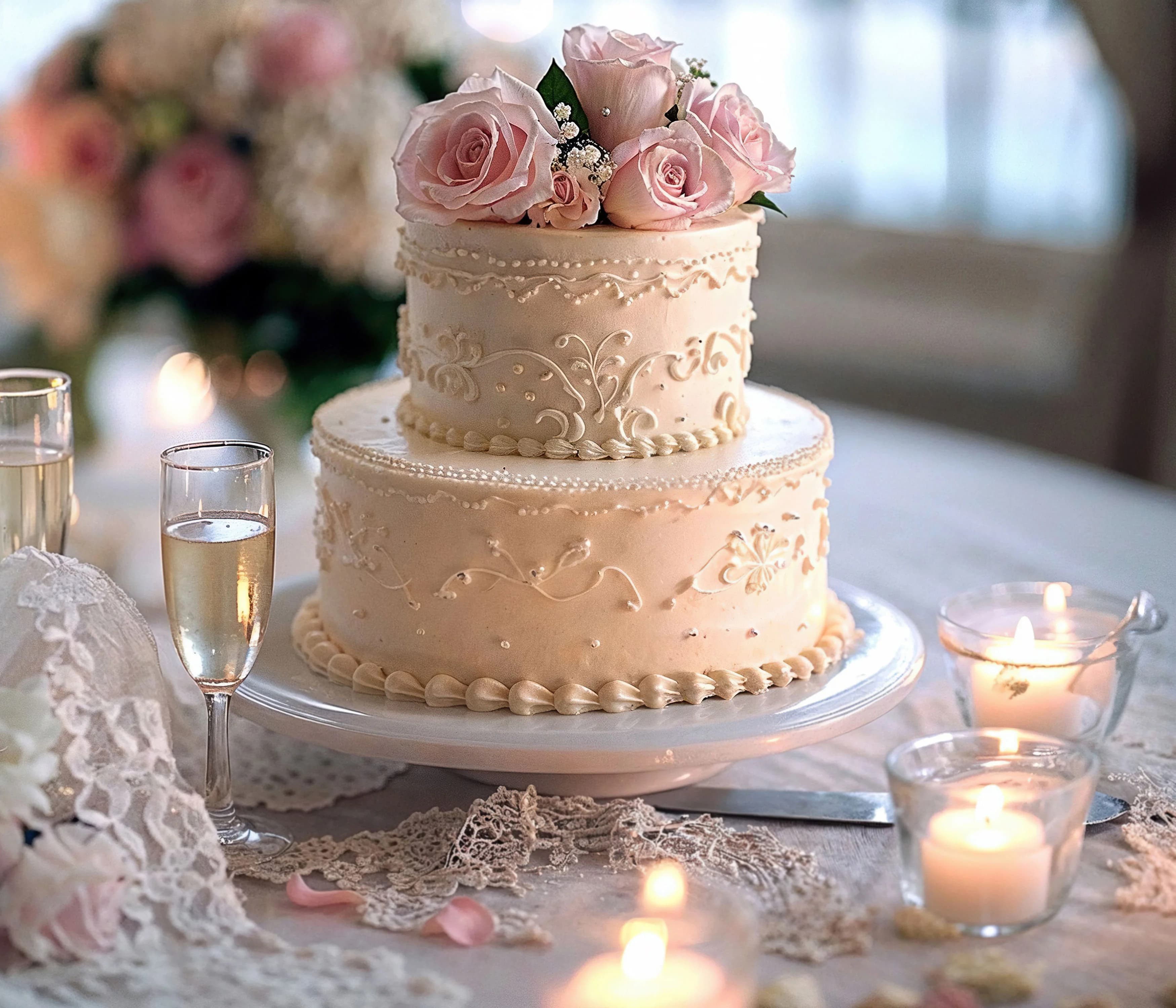 Elegant wedding cake with flowers and champagne